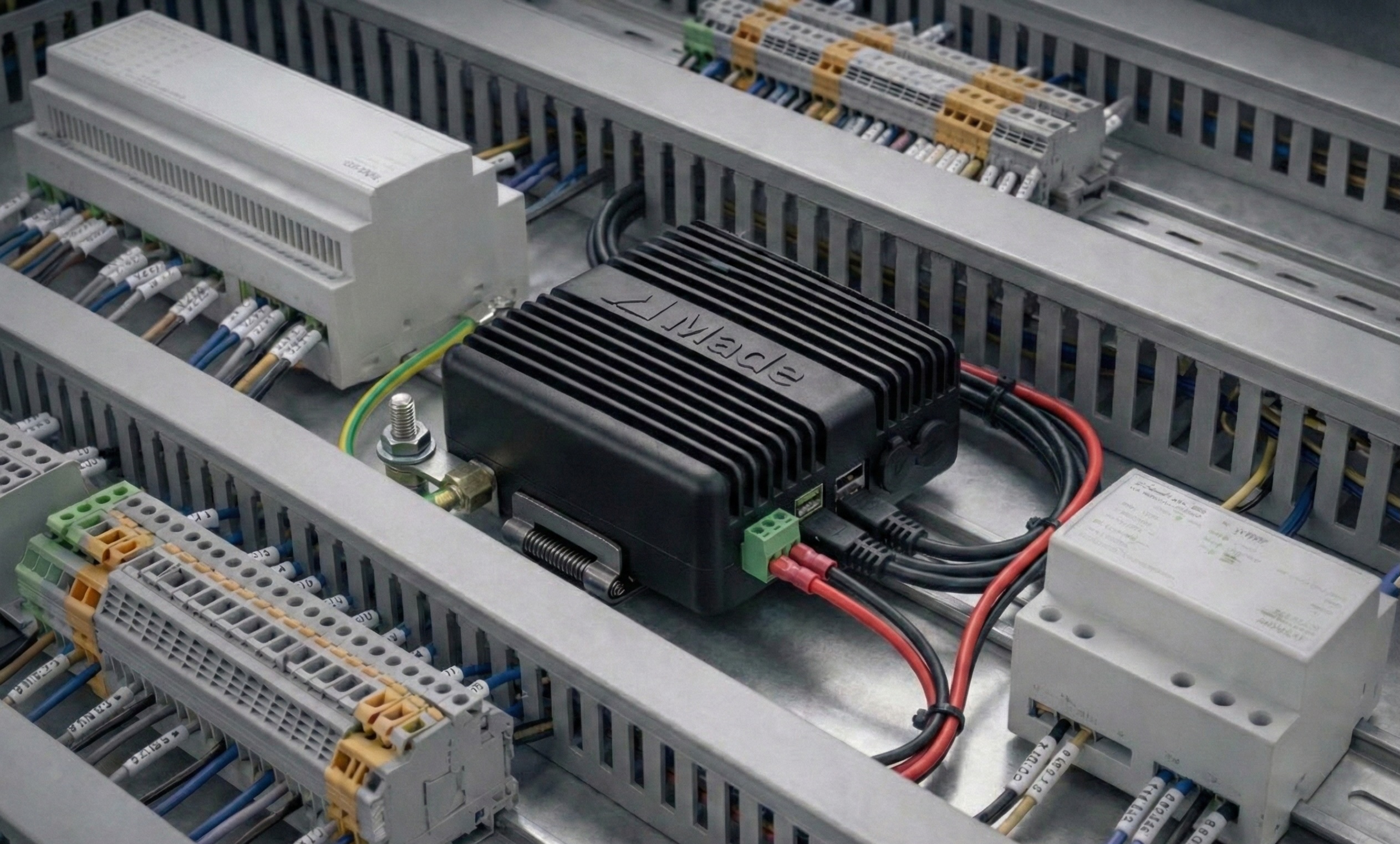 Made Edge: Dispositivo IA industrial instalado en tablero DIN rail